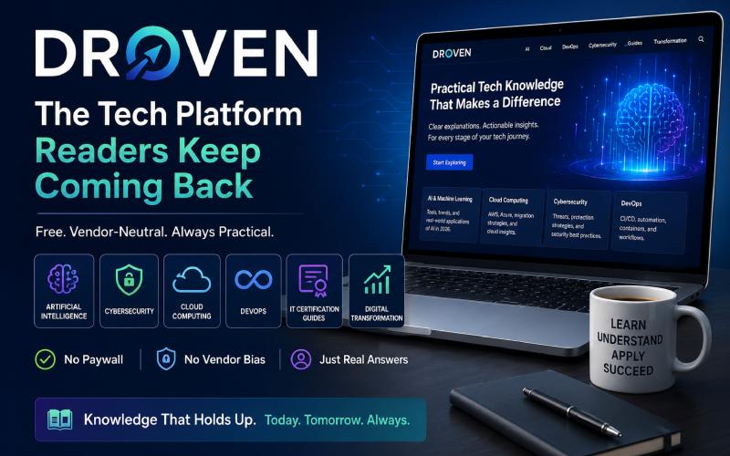 Droven.org technology platform banner featuring AI, cloud computing, cybersecurity, DevOps, and digital transformation resources.