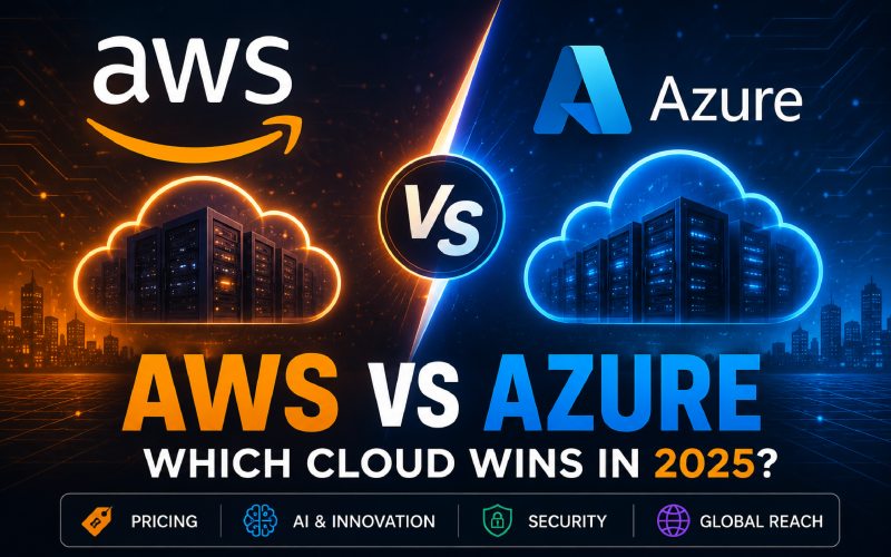 Featured image comparing AWS and Azure cloud platforms, showing side-by-side cloud infrastructure with a bold “AWS vs Azure” headline and key comparison factors including pricing, AI, security, and global reach.