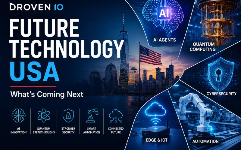 Futuristic USA technology banner featuring AI, quantum computing, cybersecurity, robotics, and edge computing innovations.