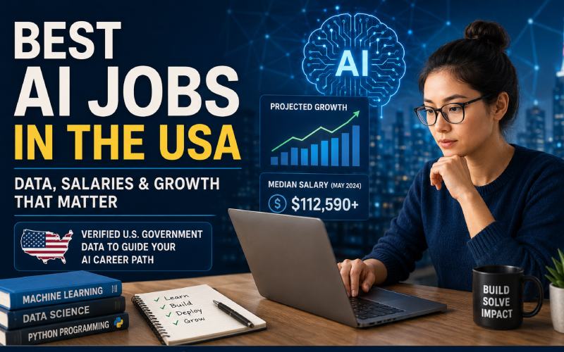 Best AI jobs in the USA with AI career growth, salaries, and data science illustration.