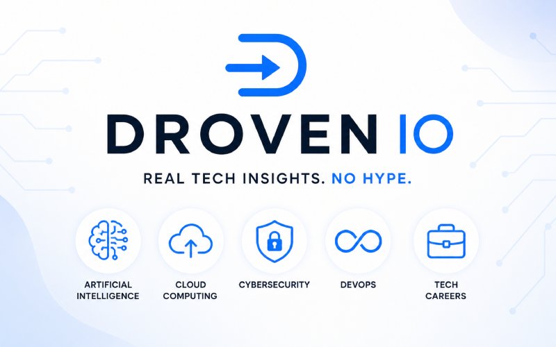 Droven io featured image showing a clean tech brand design with AI, cloud computing, cybersecurity, DevOps, and tech careers icons under the tagline "Real Tech Insights. No Hype."