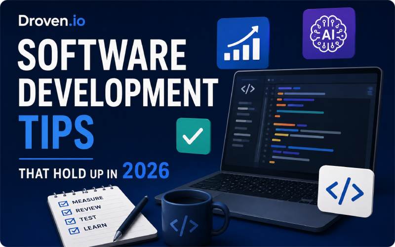 Laptop displaying code with AI icons and software development checklist representing modern coding best practices in 2026.